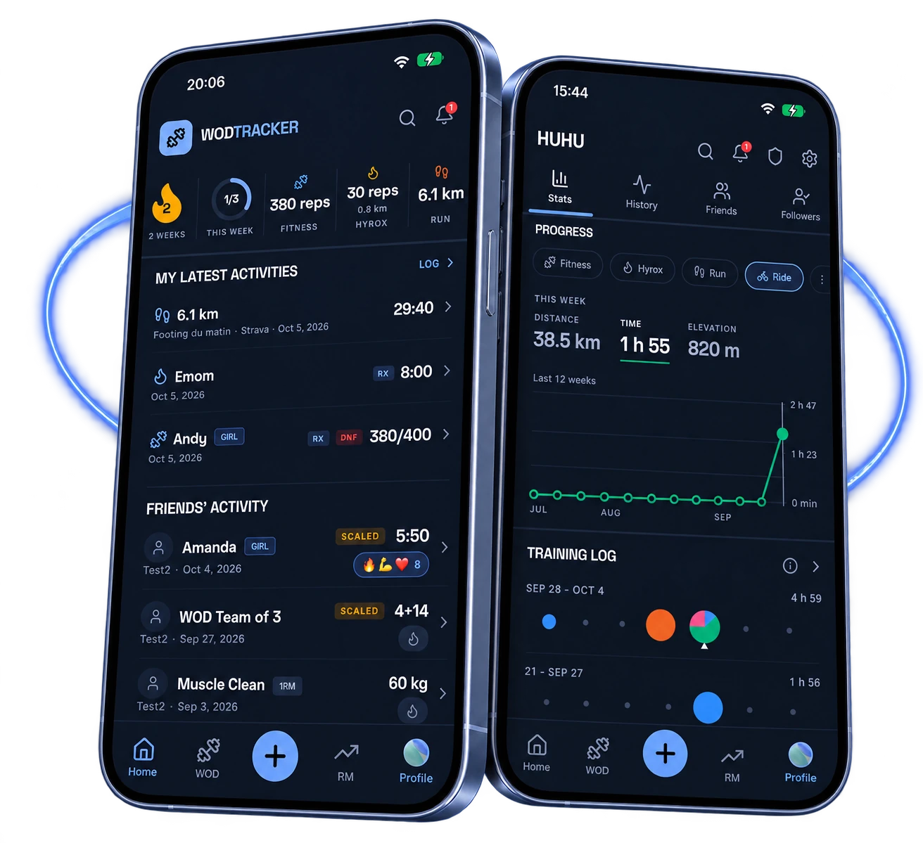 WOD Tracker: home screen with recent activities and progress screen with the training log