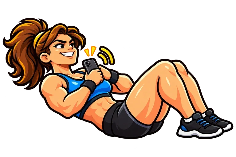 The athlete does sit-ups while holding the phone against her chest