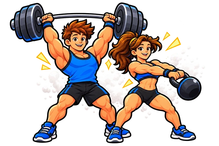 Our two athletes train with a barbell and kettlebell