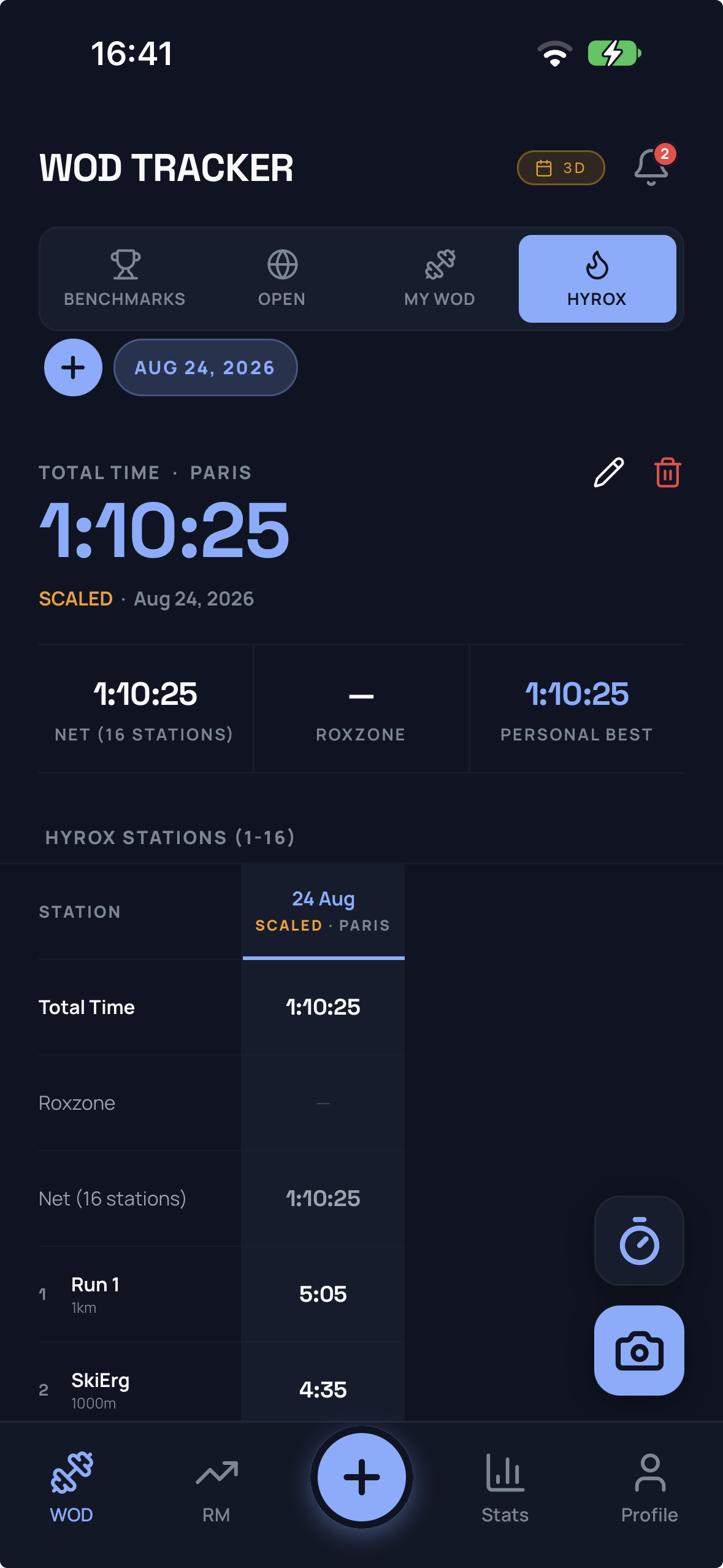 Hyrox log: Paris race, total time 1:10:25 with station splits