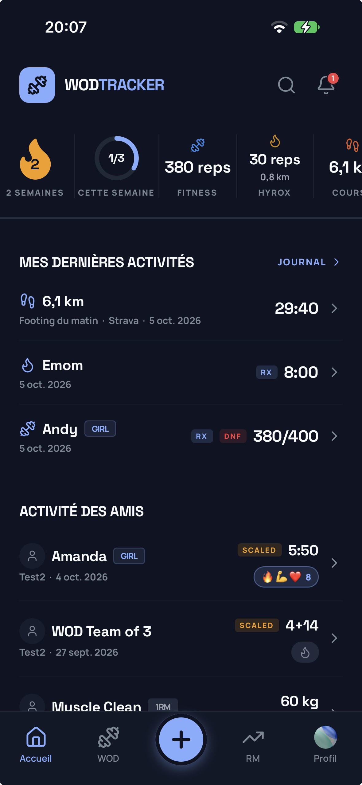 Accueil WOD Tracker avec les dernières activités et les séances des amis