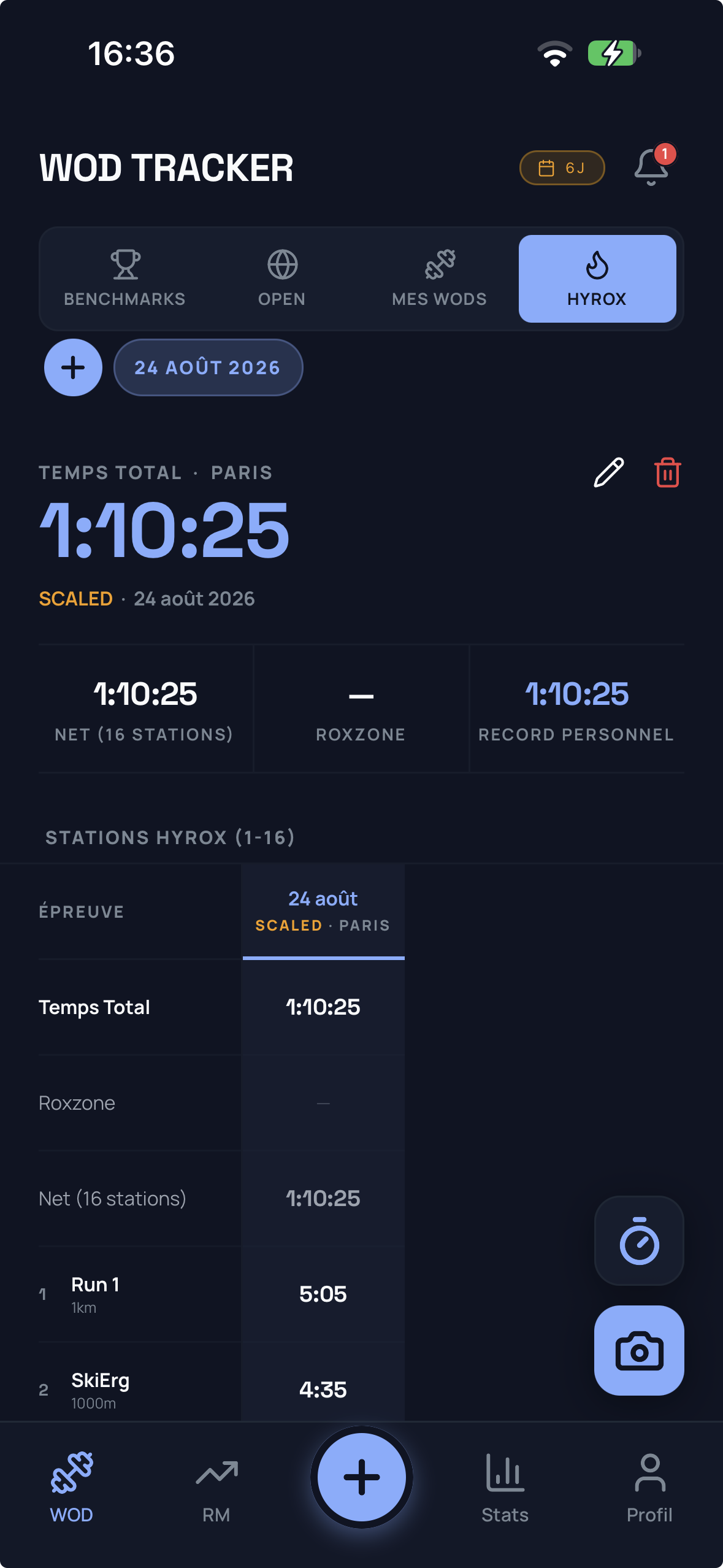 Journal Hyrox : course de Paris, temps total 1:10:25 avec les splits par station